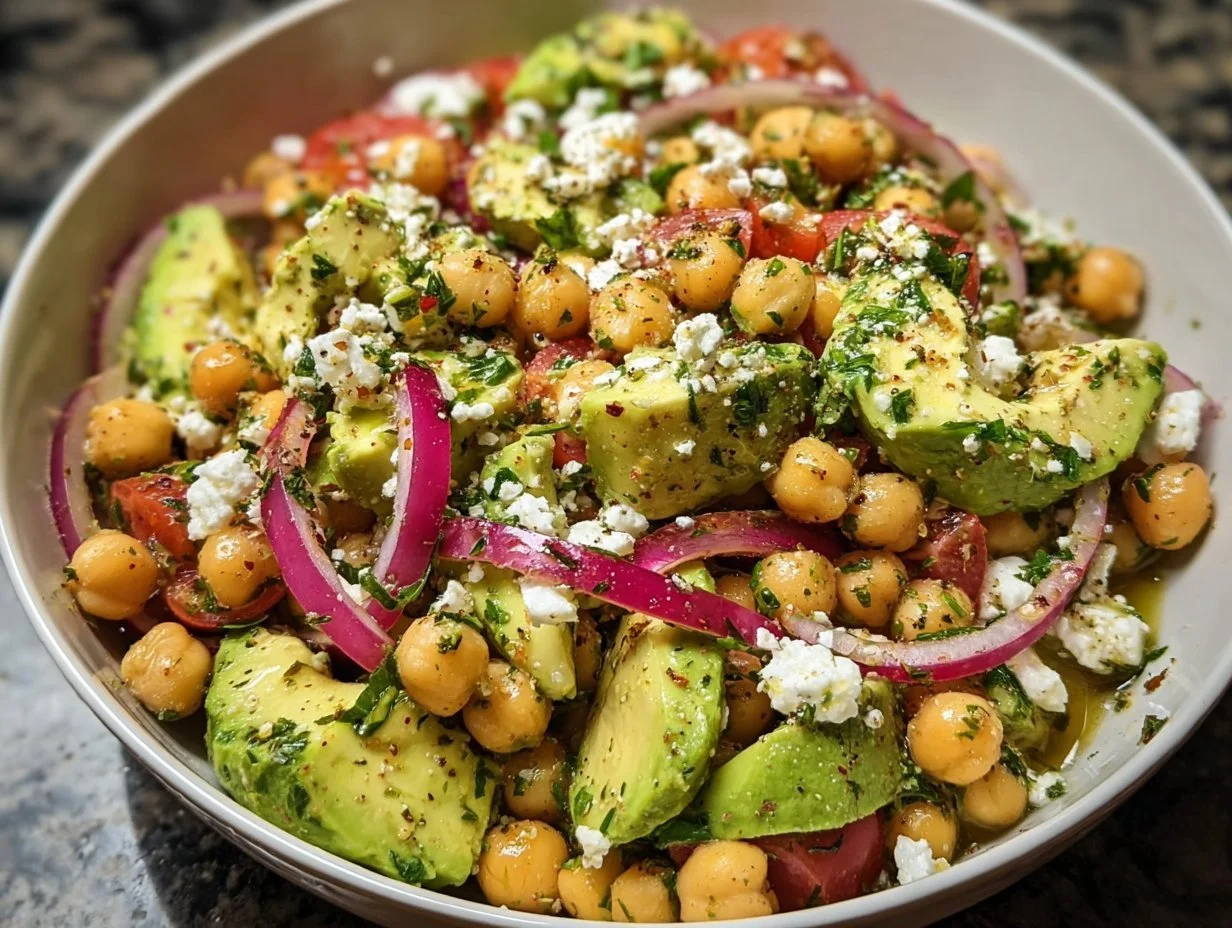 Chickpea Feta Avocado Salad served in a bowl with fresh ingredients