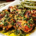 Juicy Chimichurri Chicken Thighs garnished with fresh herbs on a serving plate.