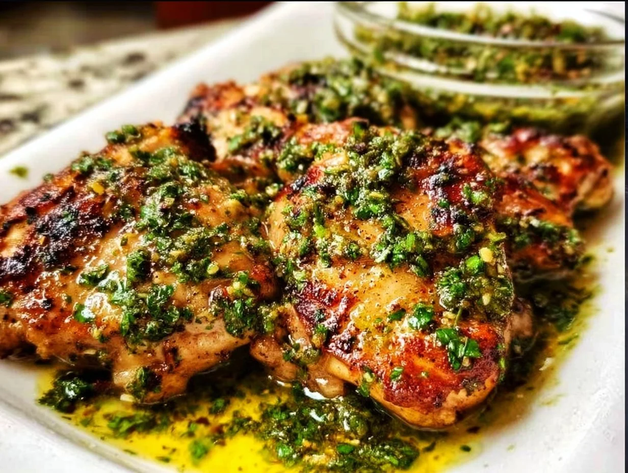 Juicy Chimichurri Chicken Thighs garnished with fresh herbs on a serving plate.
