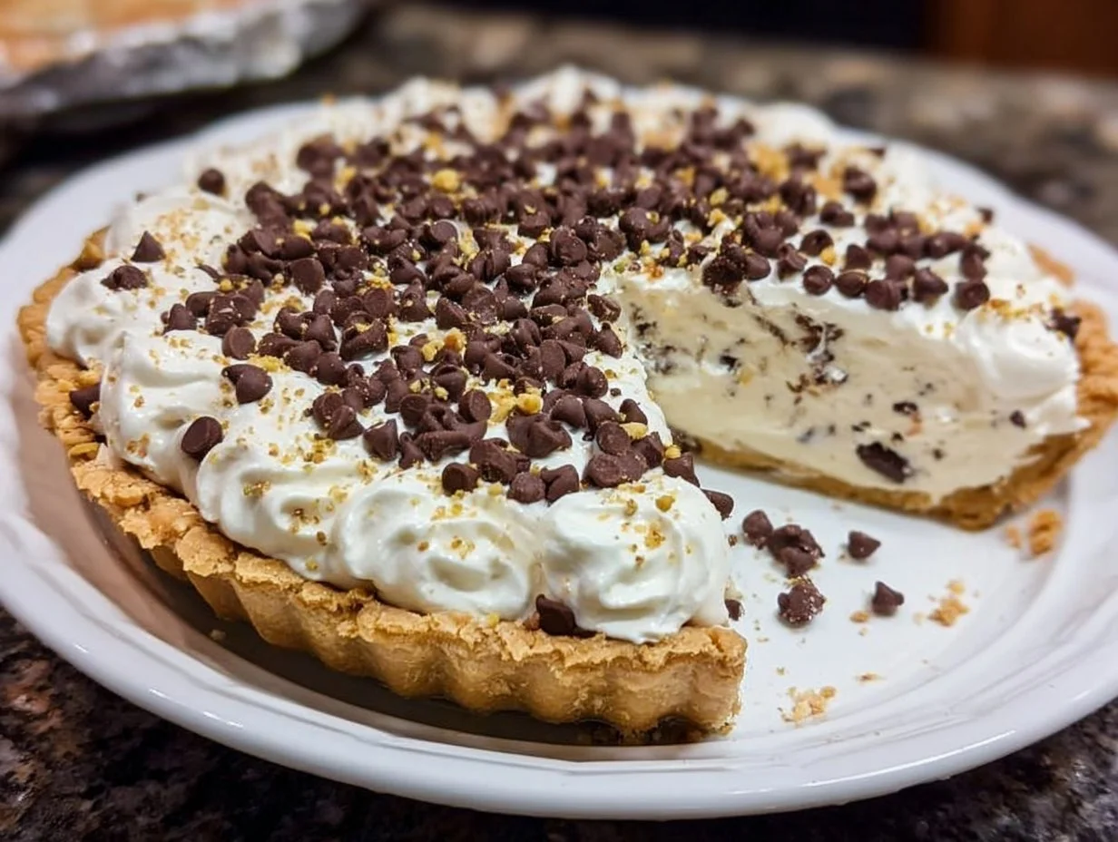 Delicious Chocolate Chip Cannoli Pie with creamy filling and chocolate chips.