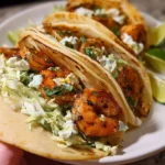 Cilantro lime shrimp tacos served with creamy slaw in a taco shell