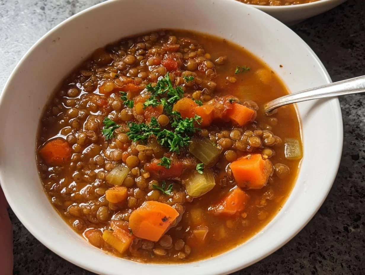 Bowl of classic lentil soup with herbs and spices on a wooden table