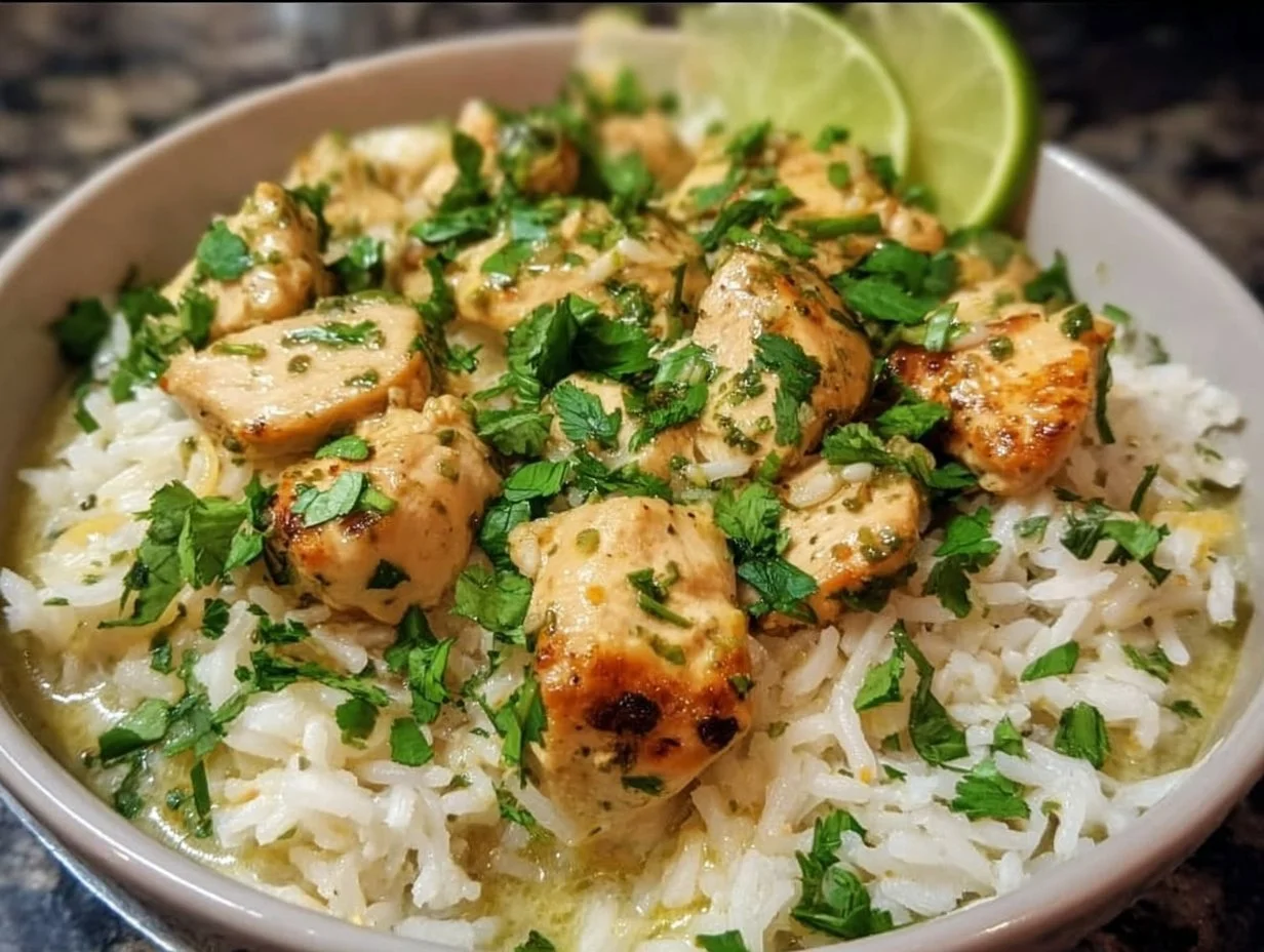 Delicious Coconut Chicken served with fragrant rice on a plate