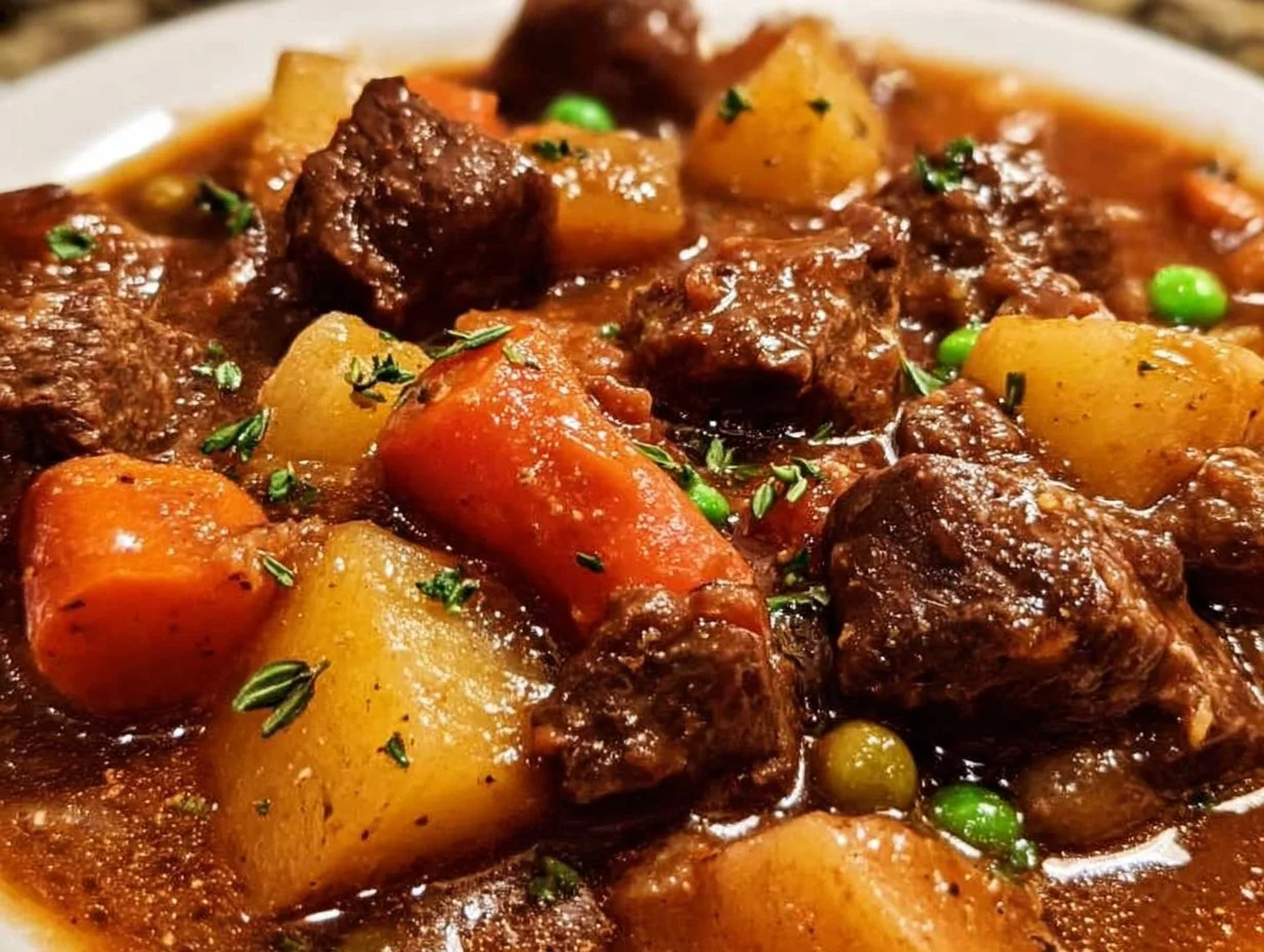 Delicious crockpot beef stew served in a warm bowl, ideal for comfort food lovers.