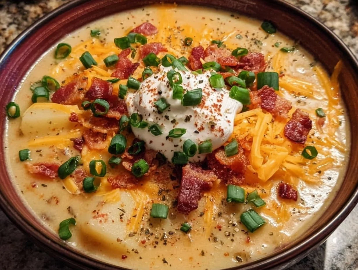 Bowl of comforting loaded baked potato soup topped with cheese and chives