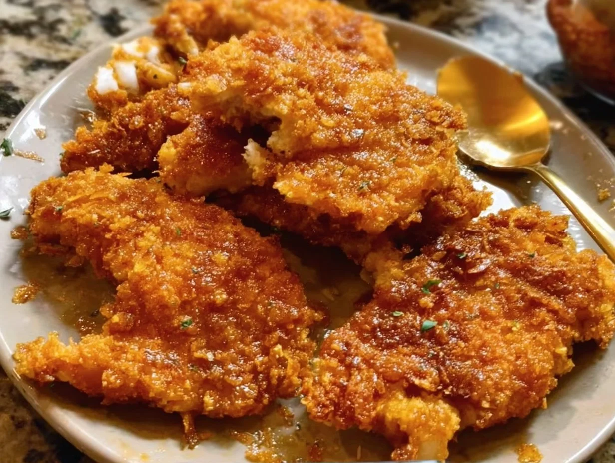 Deliciously crispy Cornflake-Crusted Chicken on a plate.