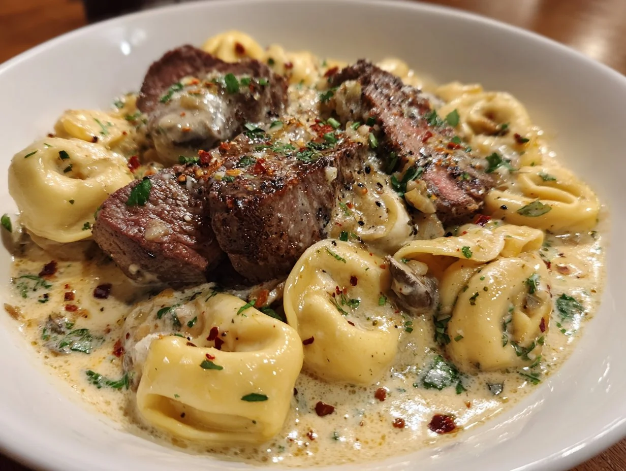 Cracked Garlic Steak Tortellini served in creamy sauce