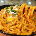 Creamy Gochujang Udon noodles dish garnished with vegetables and herbs