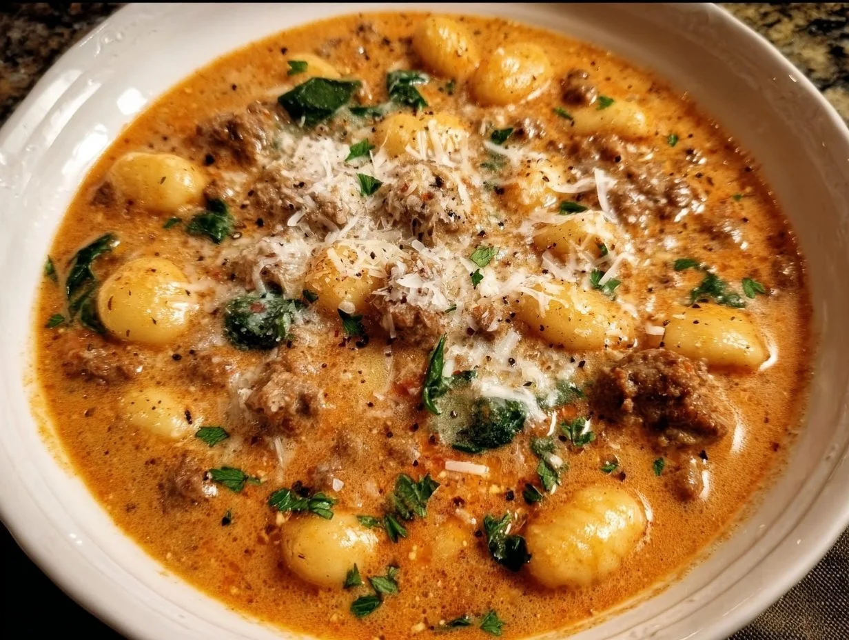 Creamy Italian sausage gnocchi soup garnished with herbs served in a bowl