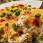 Creamy low carb chicken casserole dish topped with herbs and cheese