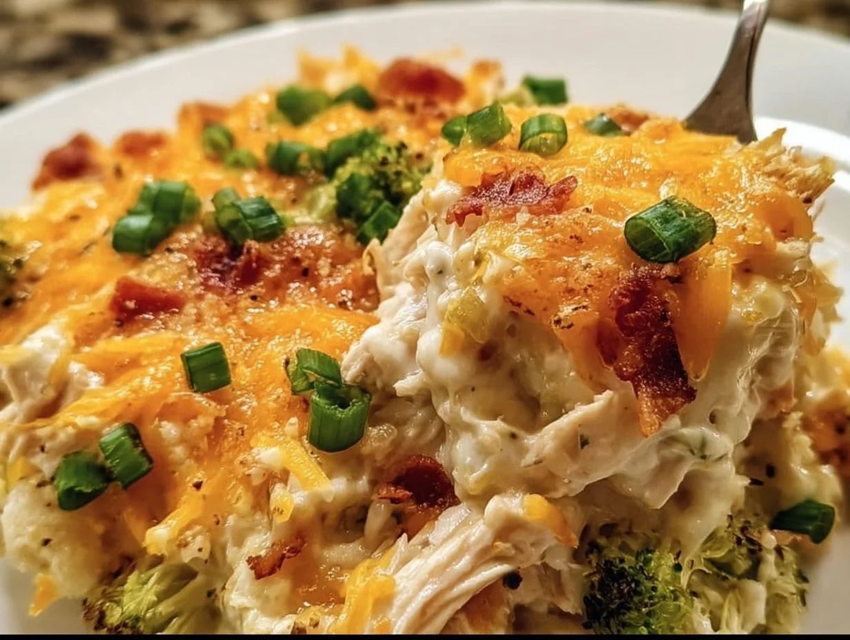Creamy low carb chicken casserole dish topped with herbs and cheese