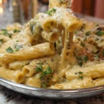 Delicious creamy pasta dish topped with herbs and cheese