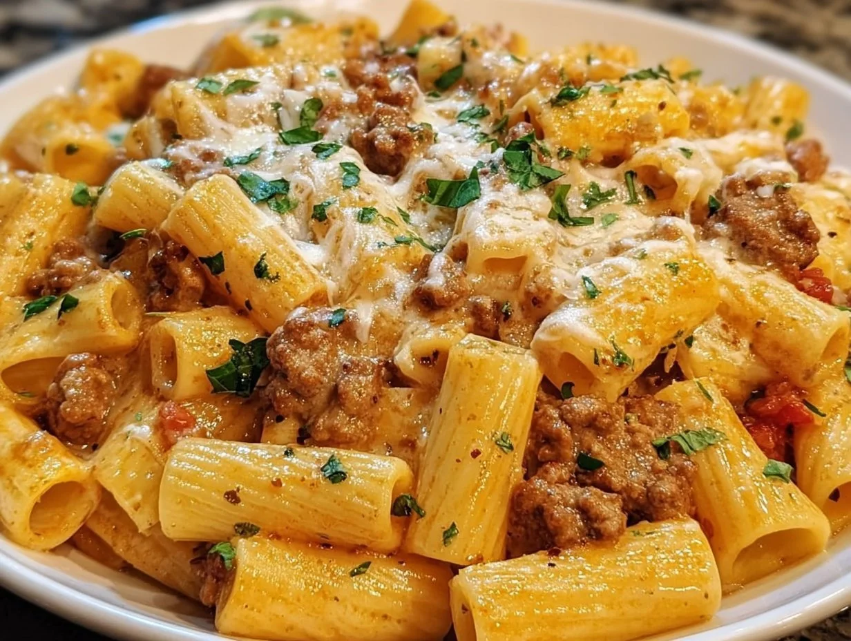 Creamy sausage rigatoni pasta dish served in a bowl with herbs and cheese