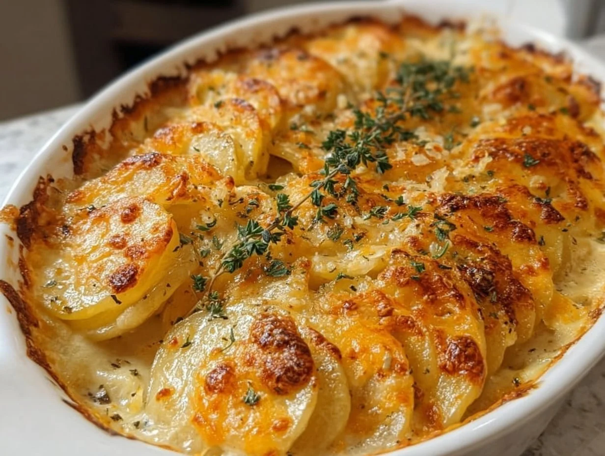 Delicious creamy scalloped potatoes in a baking dish, garnished with herbs.