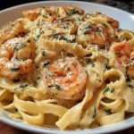 Creamy shrimp fettuccine pasta served in a bowl with herbs and garnish