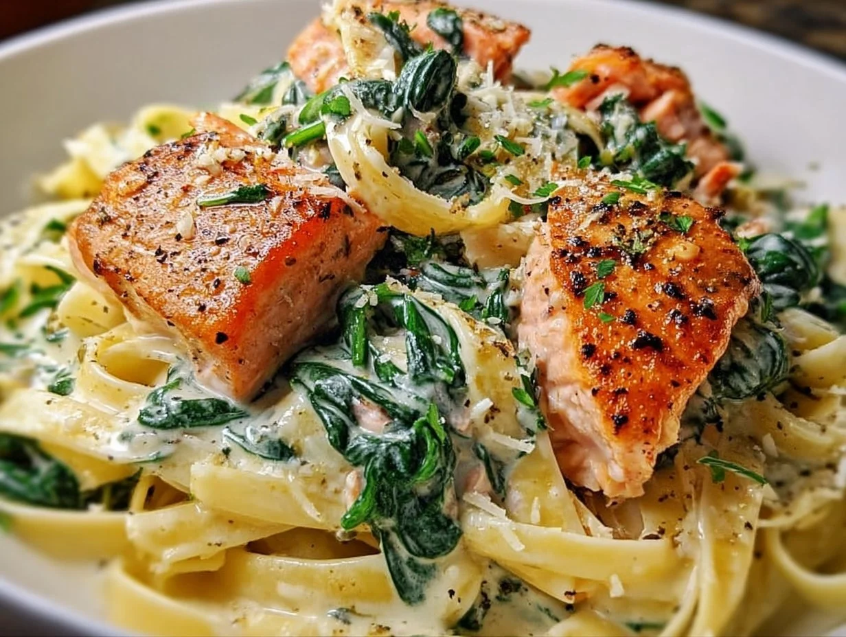 Creamy spinach and salmon pasta dish with fresh ingredients and herbs