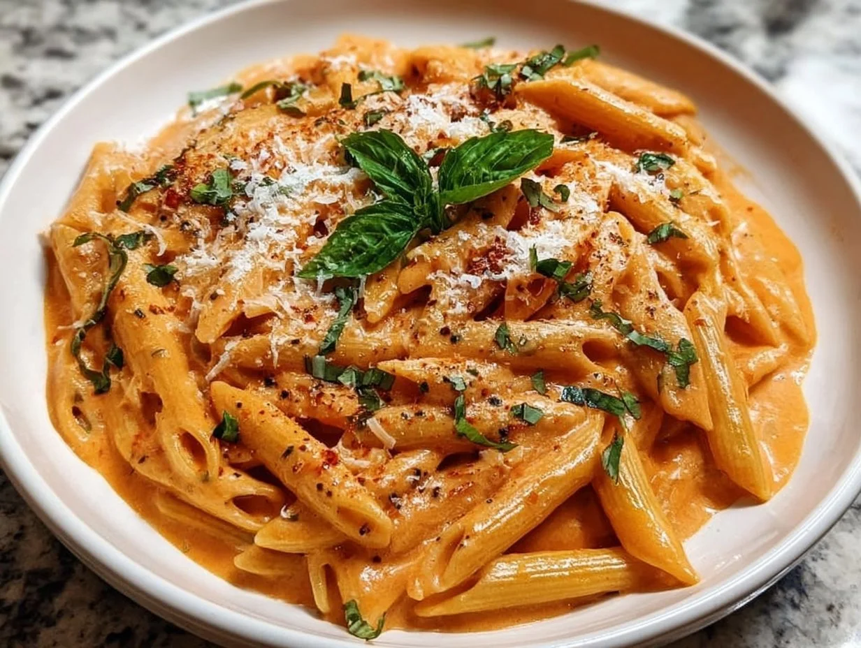 Creamy tomato pasta dish with fresh herbs and ingredients.