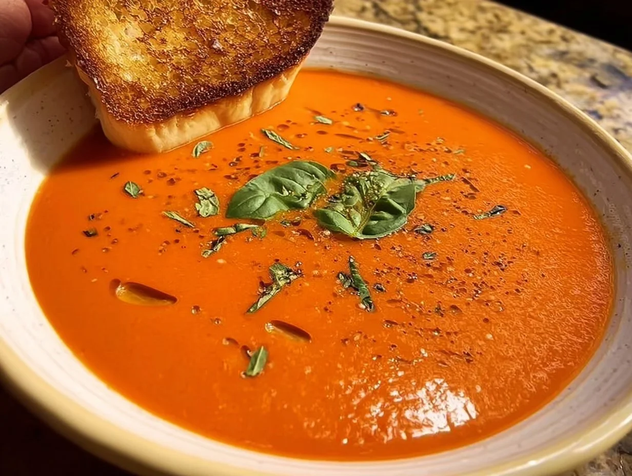 Creamy tomato soup served in a bowl with fresh basil and a slice of bread