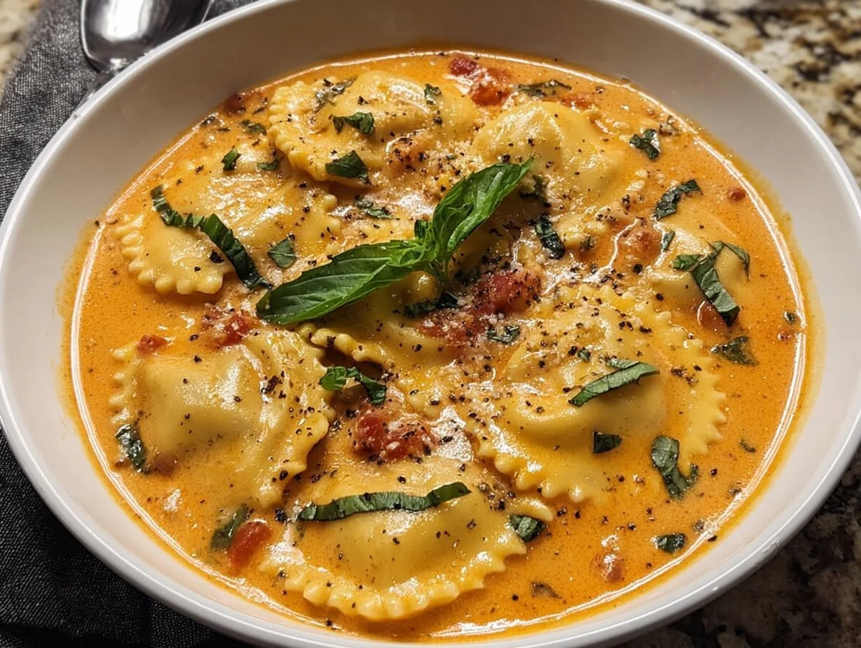 Bowl of creamy Tuscan Ravioli Soup garnished with herbs and parmesan cheese