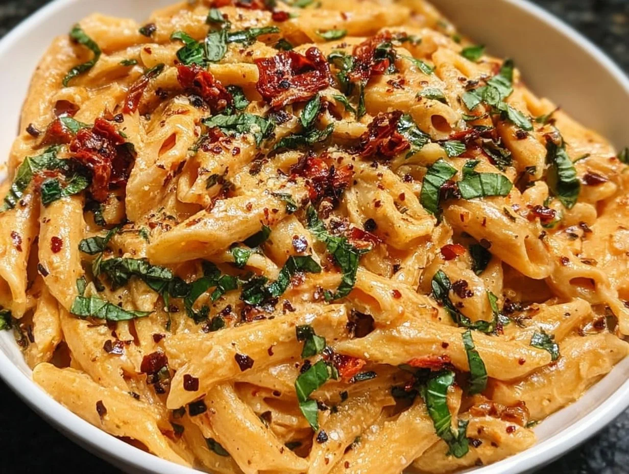 Creamy vegan sun-dried tomato pasta dish garnished with herbs.
