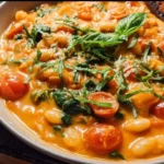 Creamy vegan tomato white bean stew in a bowl with fresh herbs.