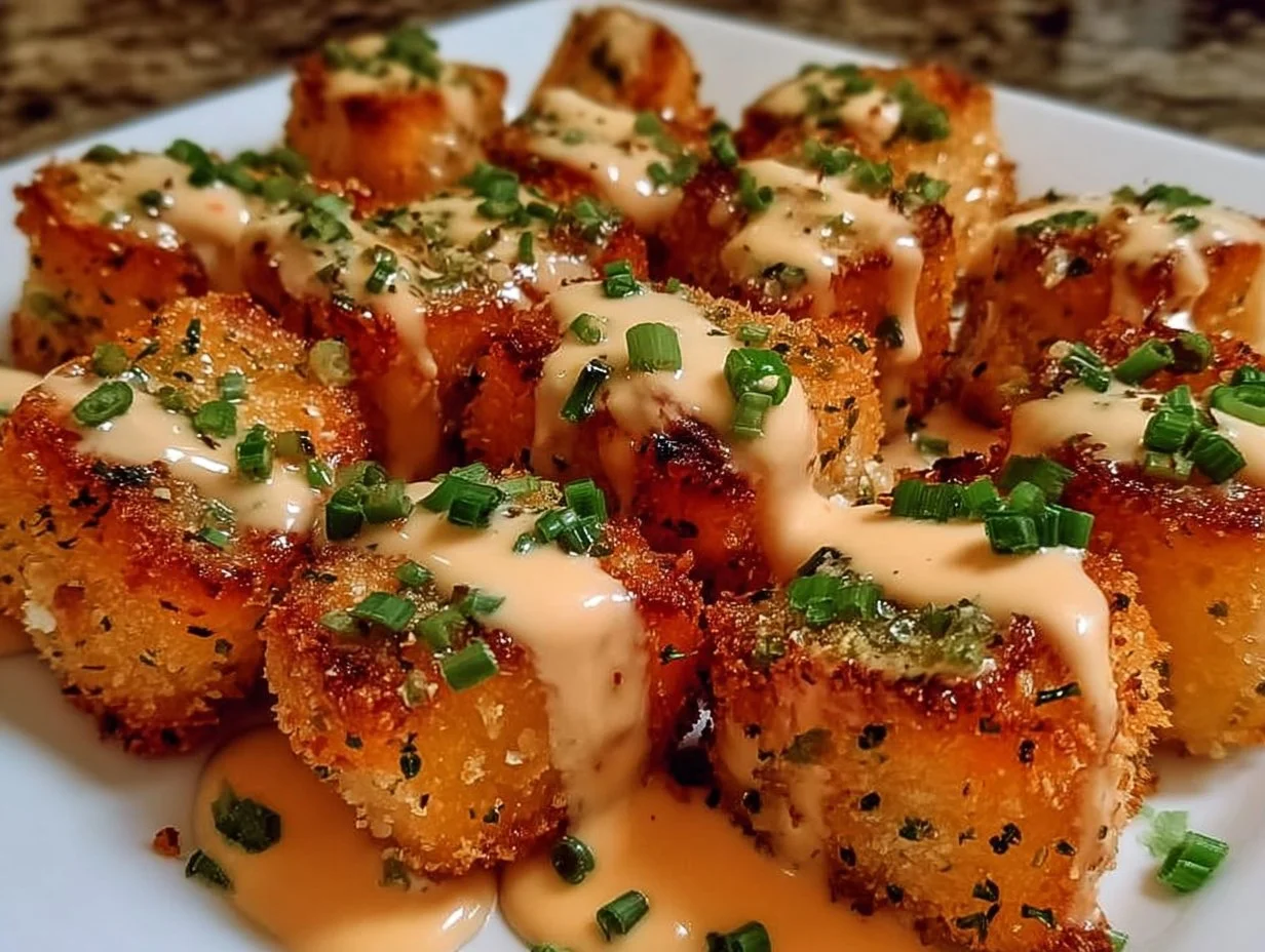 Crispy Bang Bang Salmon Bites served on a plate with dipping sauce.