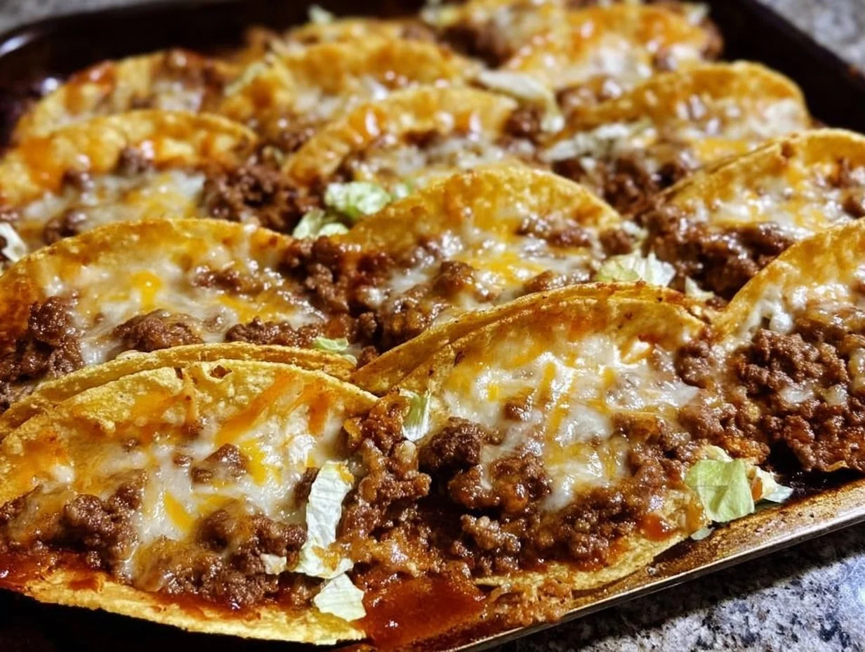 Crispy beef tacos garnished with fresh ingredients on a plate.