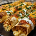 Plate of delicious Crispy Chicken Taquitos garnished with fresh herbs and salsa.