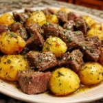 Crockpot Garlic Butter Beef Bites served with tender potatoes