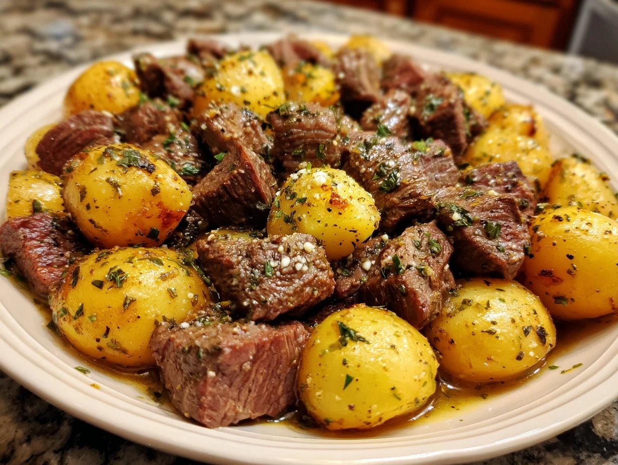 Crockpot Garlic Butter Beef Bites served with tender potatoes