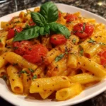 Bowl of delicious creamy pasta topped with fresh herbs and grated cheese