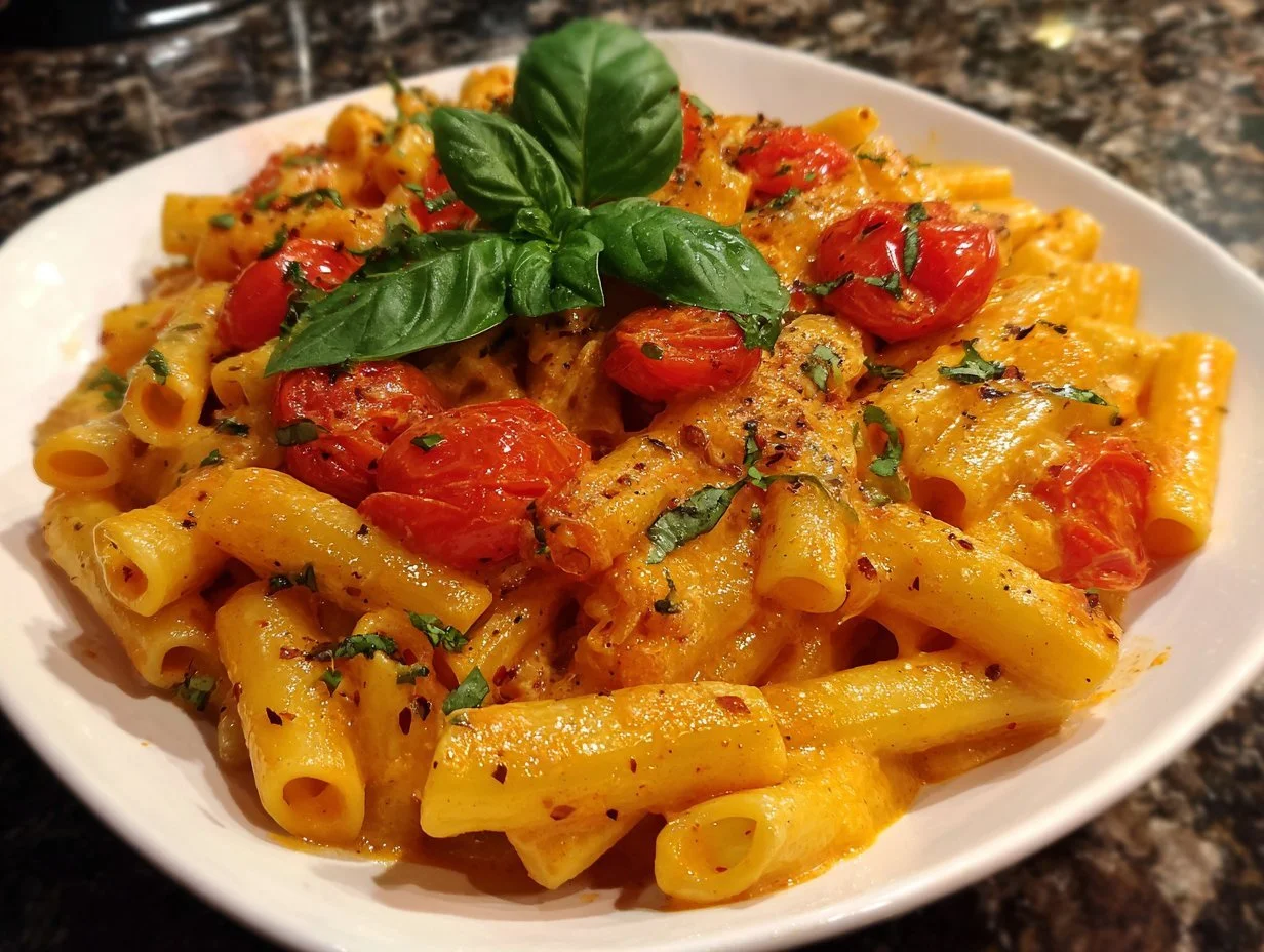 Bowl of delicious creamy pasta topped with fresh herbs and grated cheese