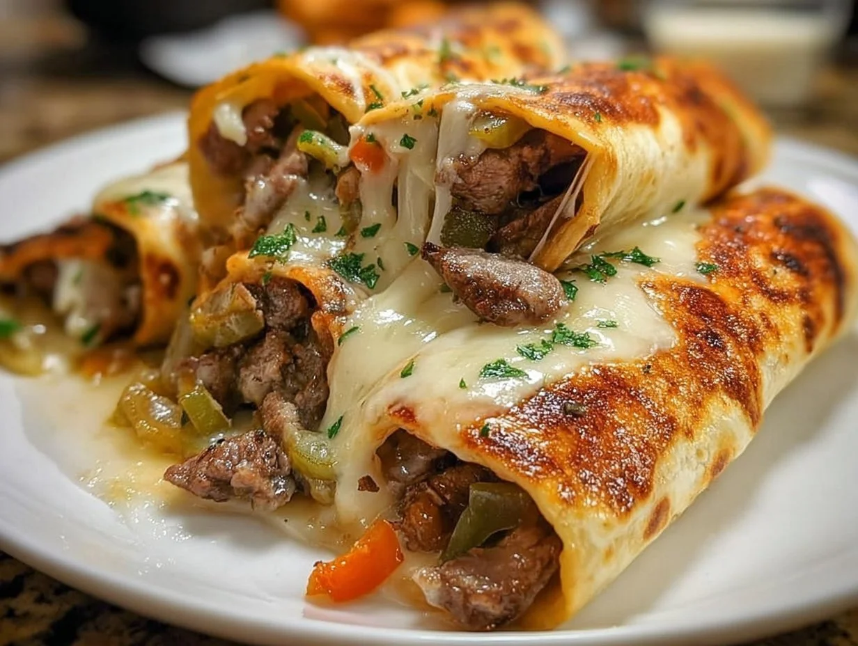 Keto Philly Cheesesteak Roll Ups featuring steak, cheese, and peppers wrapped in low-carb tortillas.