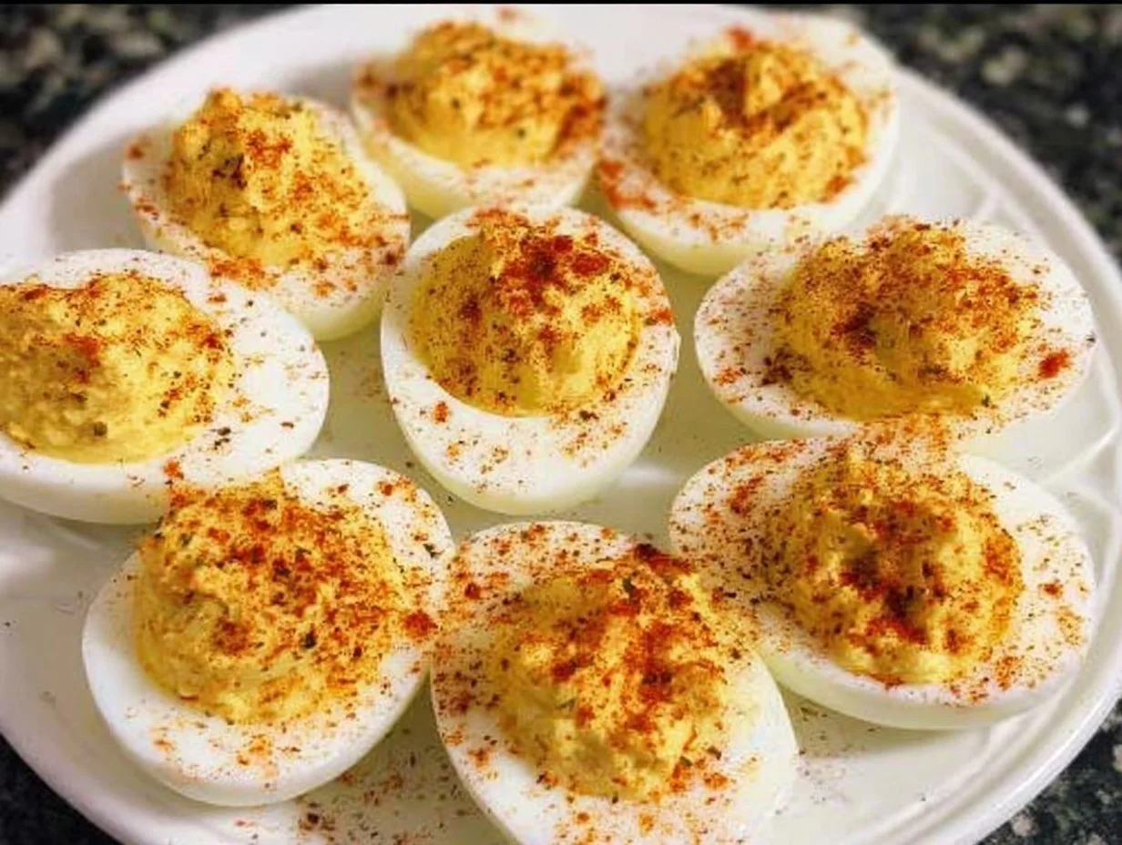 Delicious deviled eggs garnished and ready to serve
