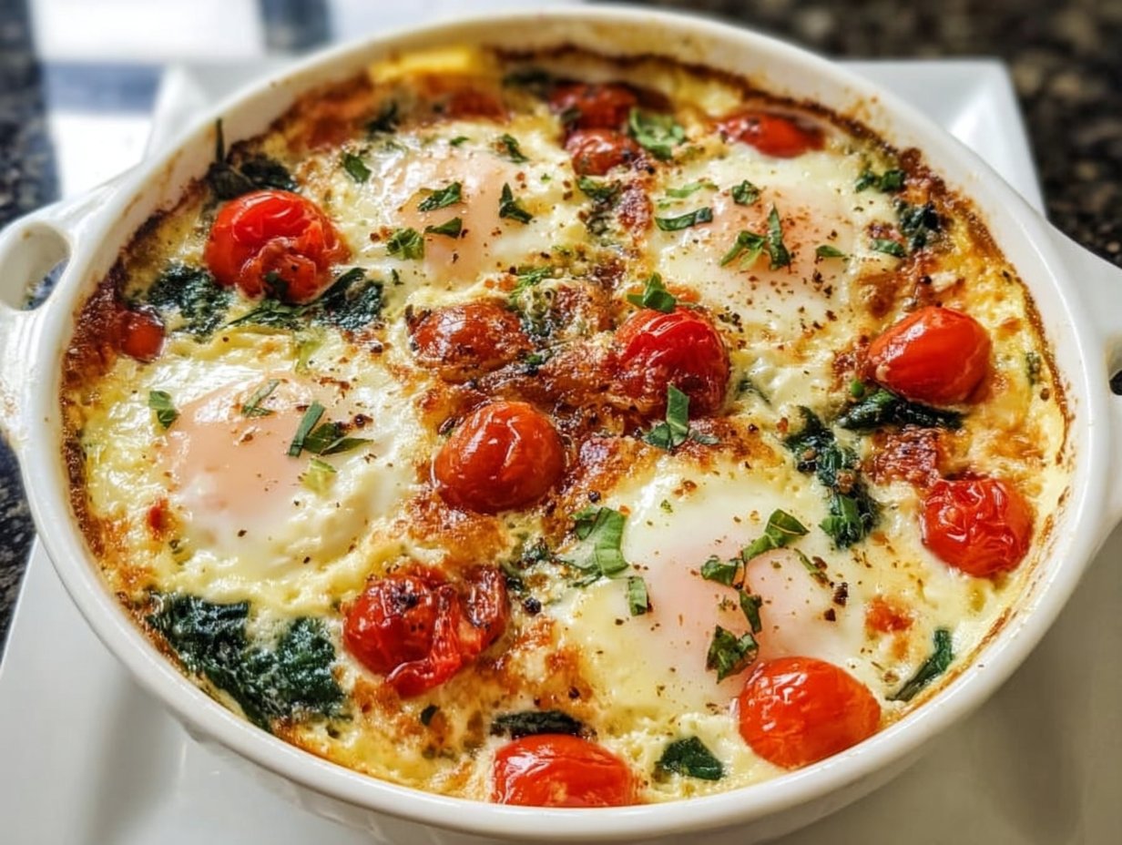 Baked Feta Eggs with Tomatoes and Spinach