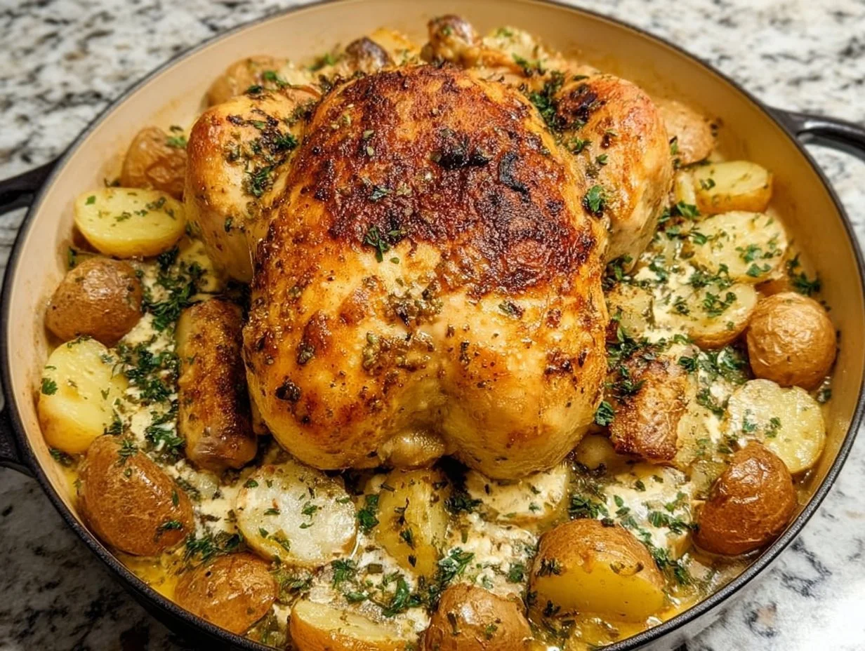 Delicious Dutch Oven Roast Chicken with herbs and vegetables
