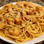 Plate of creamy Cajun chicken spaghetti topped with garlic mozzarella sauce
