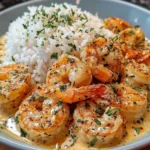 Delicious easy creamy garlic shrimp served in a bowl with herbs.