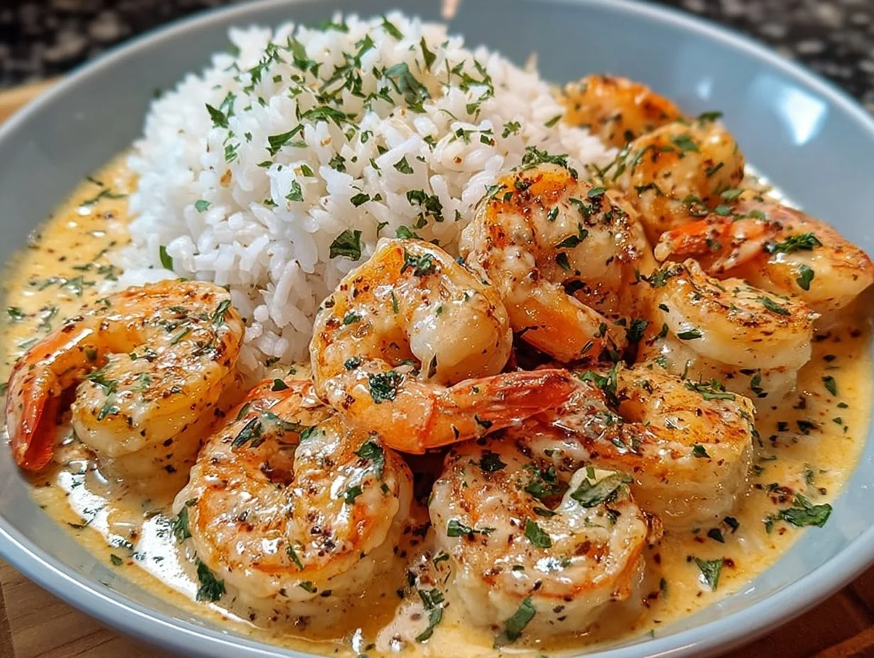 Delicious easy creamy garlic shrimp served in a bowl with herbs.