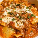 Bowl of creamy lasagna soup topped with cheese and herbs