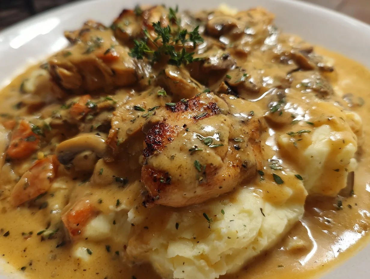 Delicious one pan chicken and gravy served on a plate