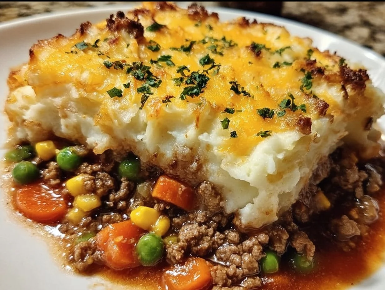 Delicious easy Shepherd's Pie casserole topped with mashed potatoes and ground meat.