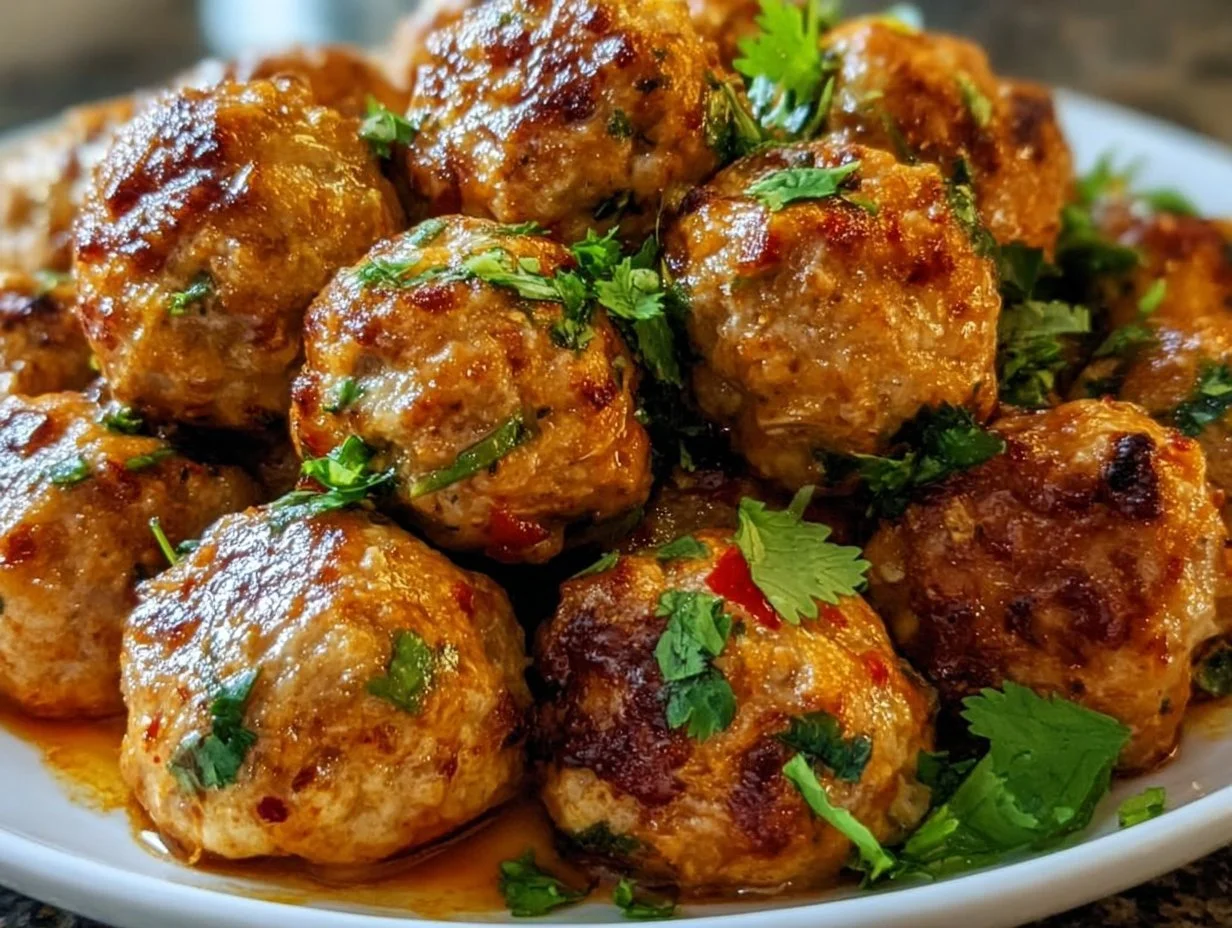 Delicious Thai baked chicken meatballs garnished with herbs on a platter.