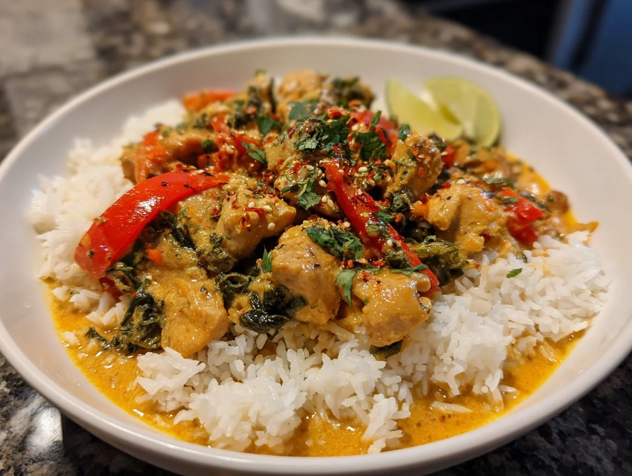Bowl of easy Thai red curry with fresh vegetables and herbs