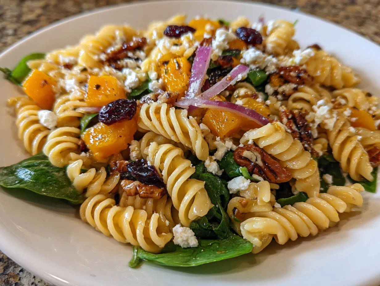 Delicious Fall Harvest Pasta Salad with seasonal veggies and dressing