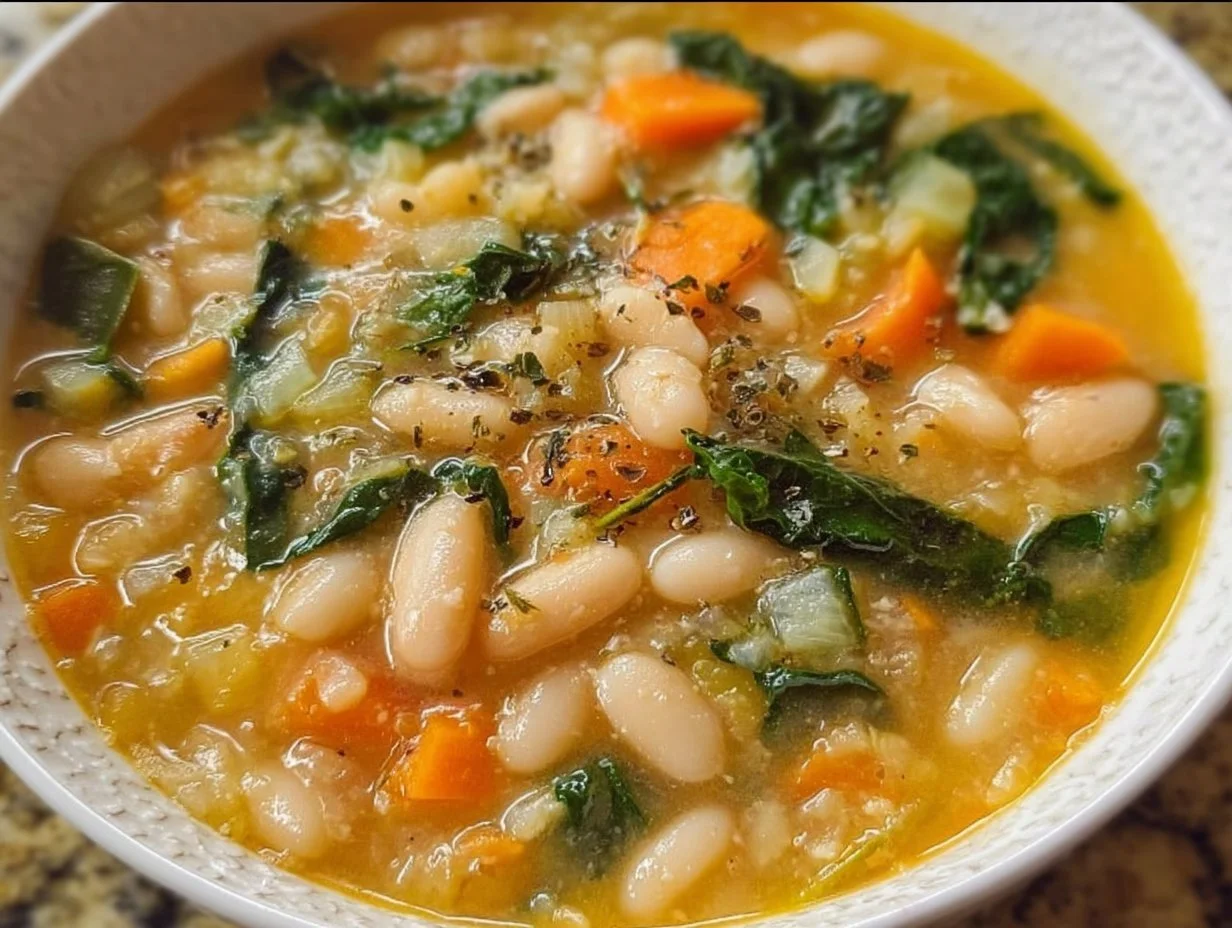Delicious white bean soup garnished with herbs and served in a bowl.