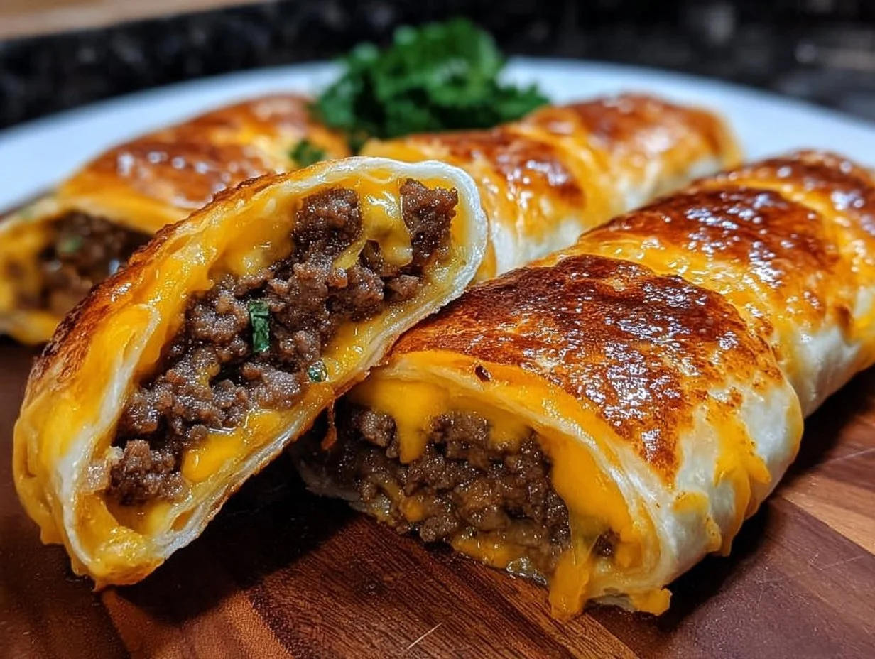 Garlic butter beef cheeseburger rollups ready to serve.