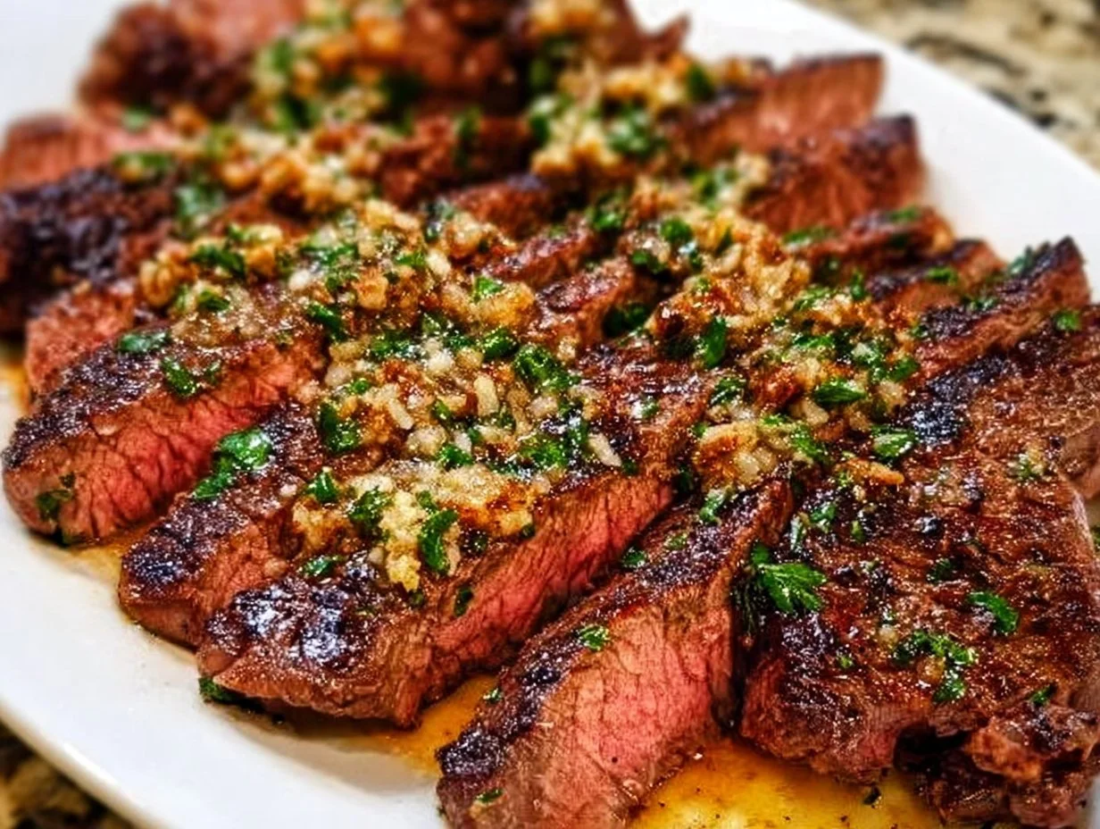 Delicious Garlic Butter Brazilian Steak served with fresh herbs and sides