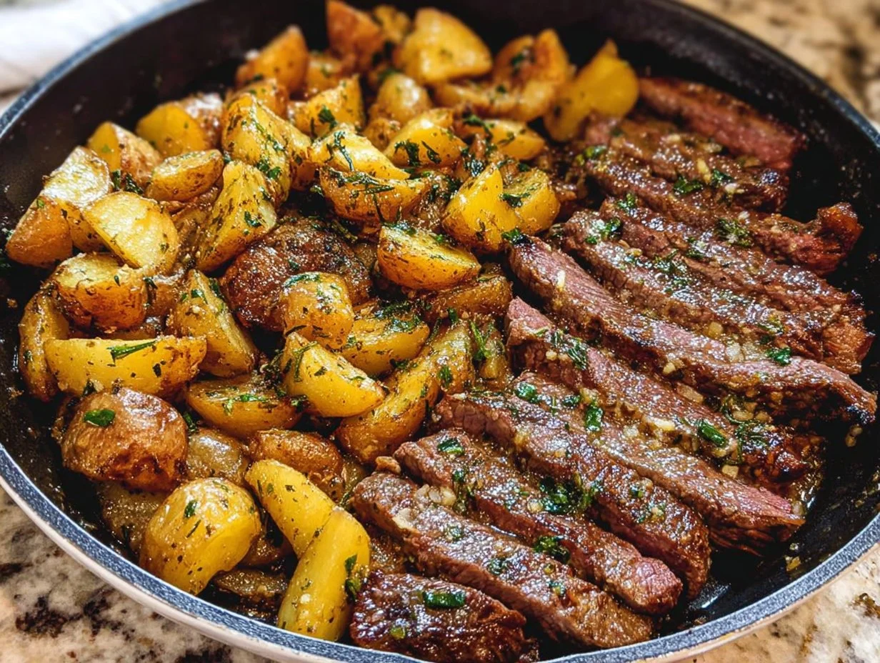 Garlic Butter Steak and Potatoes Skillet served in a cast iron pan