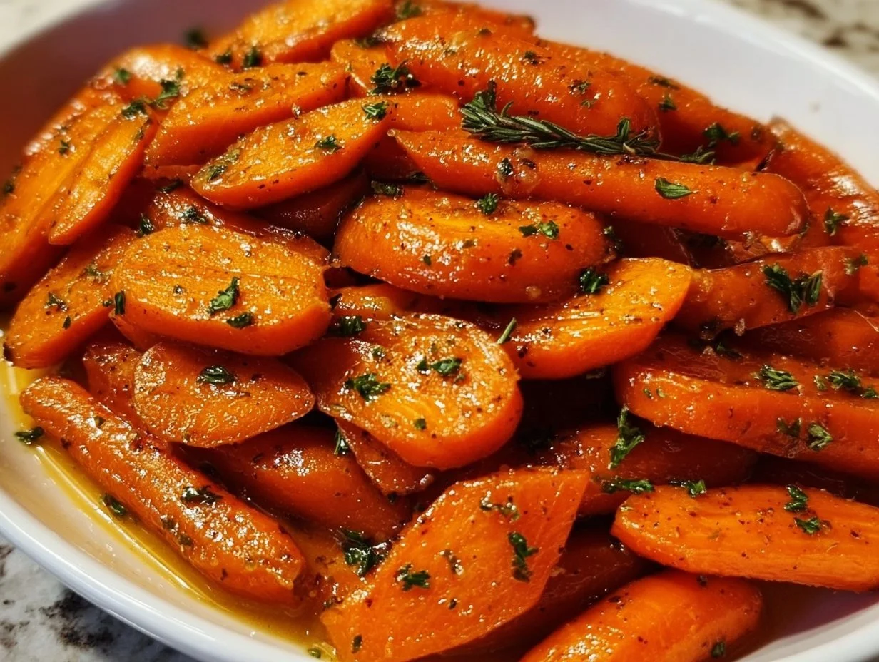 Bowl of delicious glazed carrots glistening with a sweet glaze.
